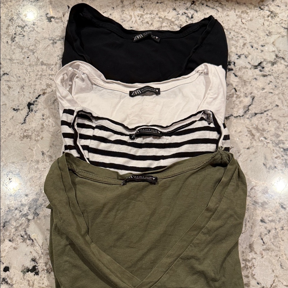 4 Zara Short Sleeve Tops Small- Black, White, Striped, Olive